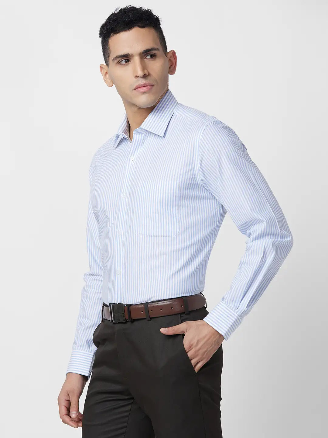 Raymond Men Grey Stripe Regular Fit Cotton Shirt