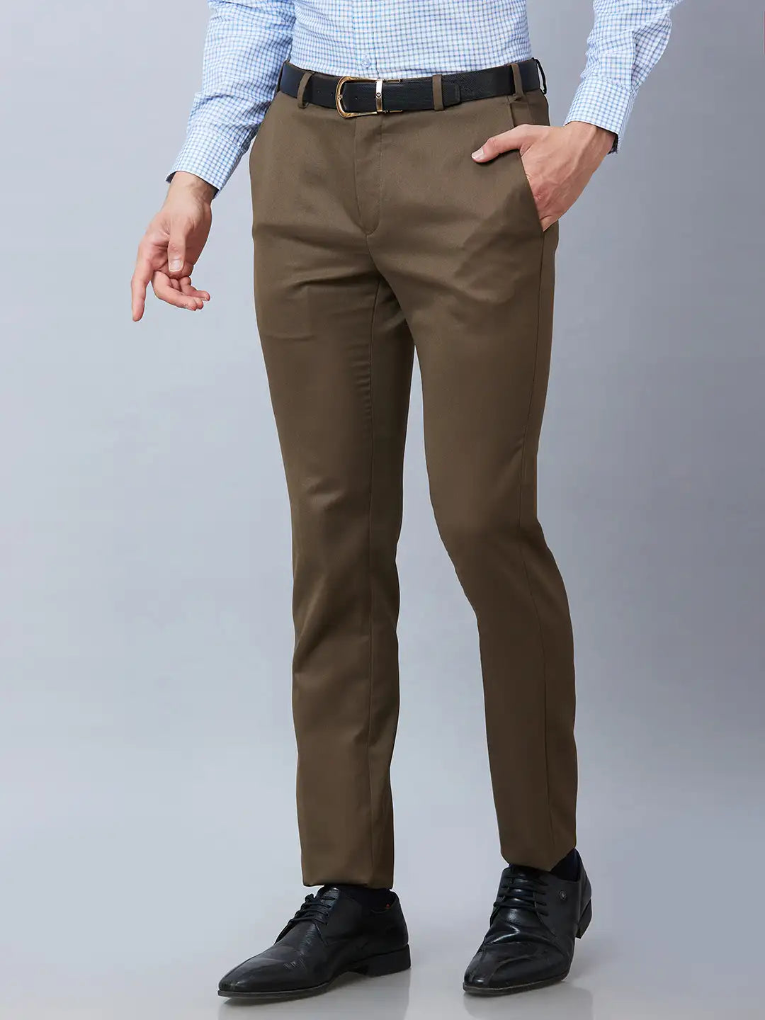 Raymond Men Khaki Solid Slim Fit Polyester Blend Trousers MyRaymond
