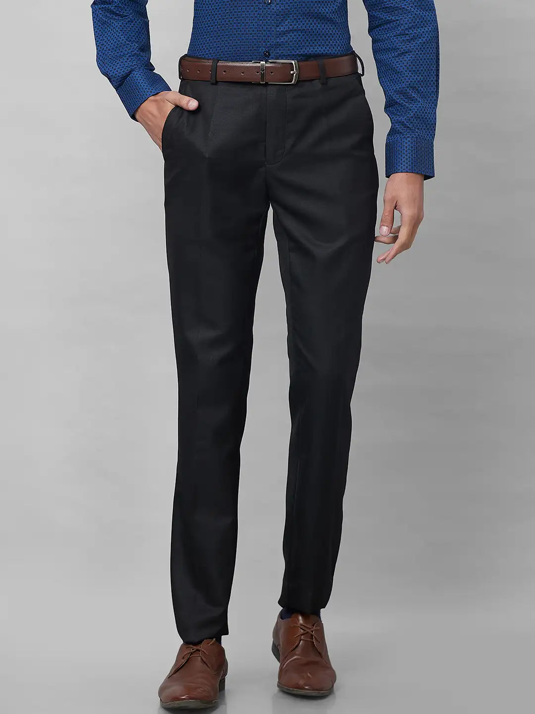 Raymond Men Brown Checks Slim Fit Polyester Blend Trouser