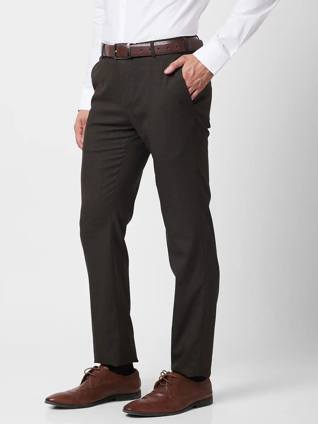 Raymond Men Brown Solid Slim Fit Polyester Blend Trouser