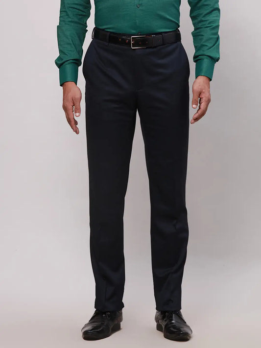 Men Blue Contemporary Fit Solid Polyester Blend Trouser