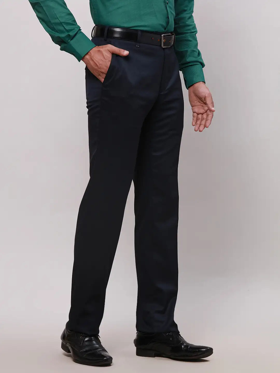 Men Blue Contemporary Fit Solid Polyester Blend Trouser