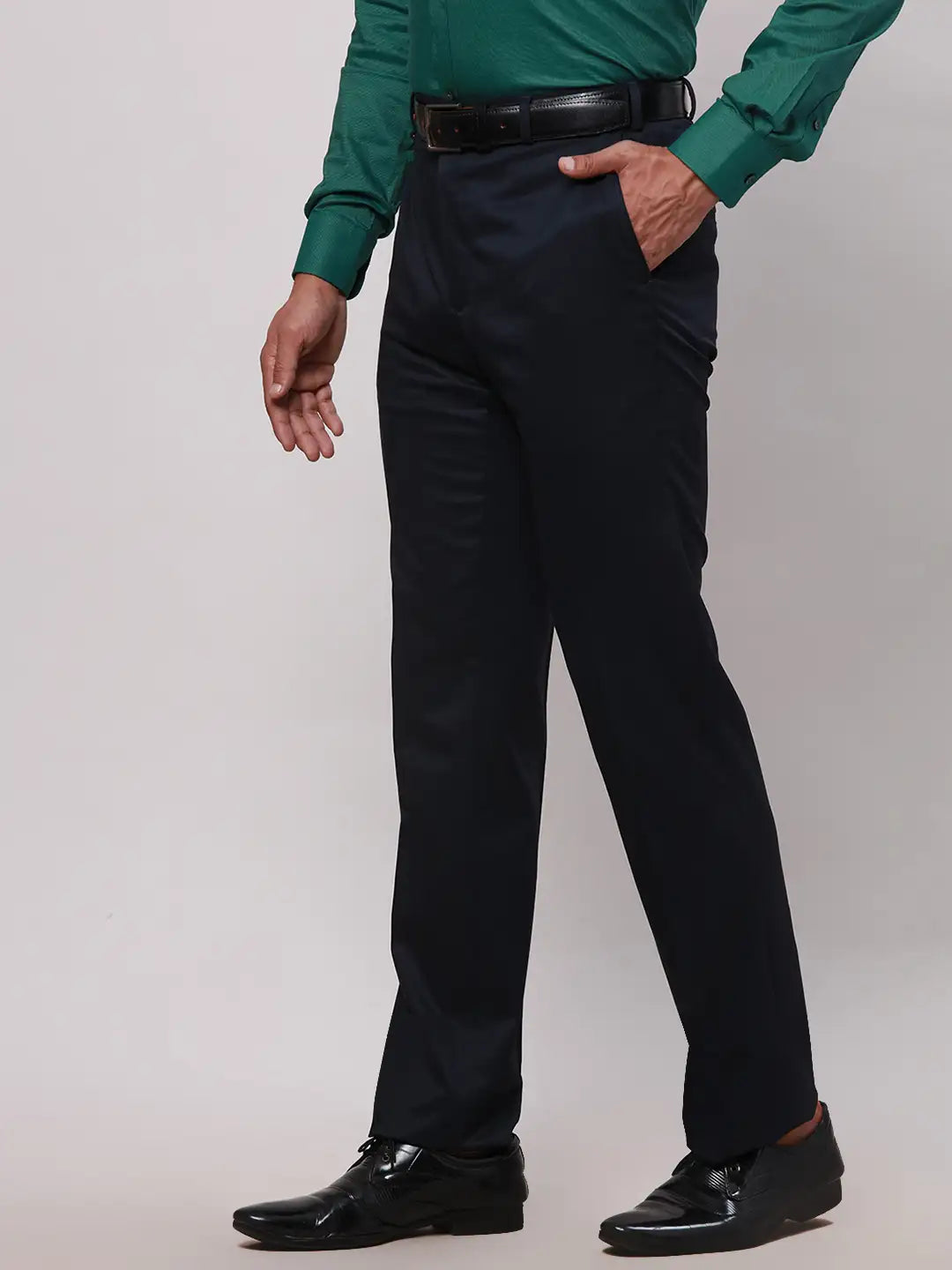 Men Blue Contemporary Fit Solid Polyester Blend Trouser