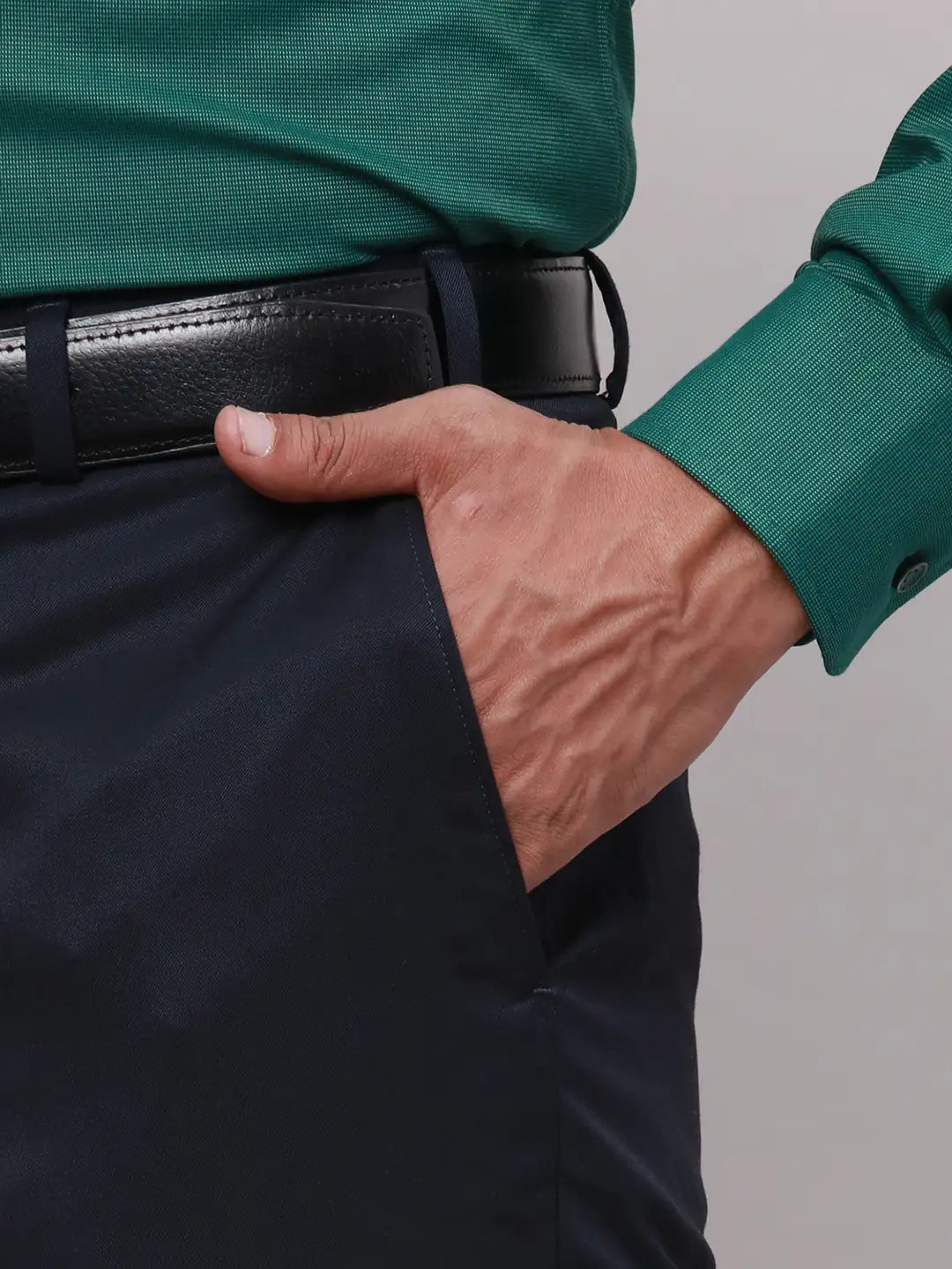 Men Blue Contemporary Fit Solid Polyester Blend Trouser