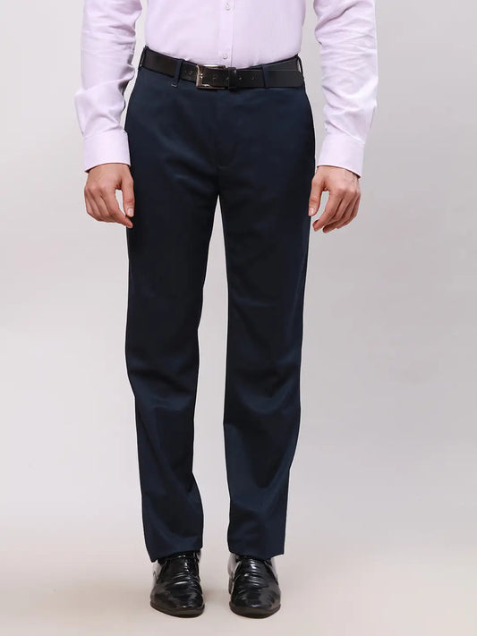 Men Blue Contemporary Fit Solid Polyester Blend Trouser