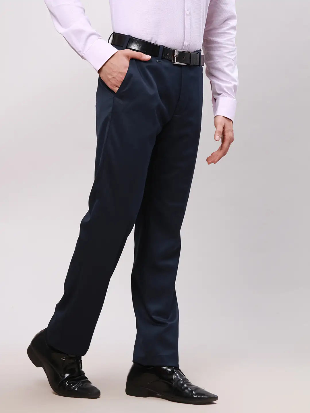Men Blue Contemporary Fit Solid Polyester Blend Trouser