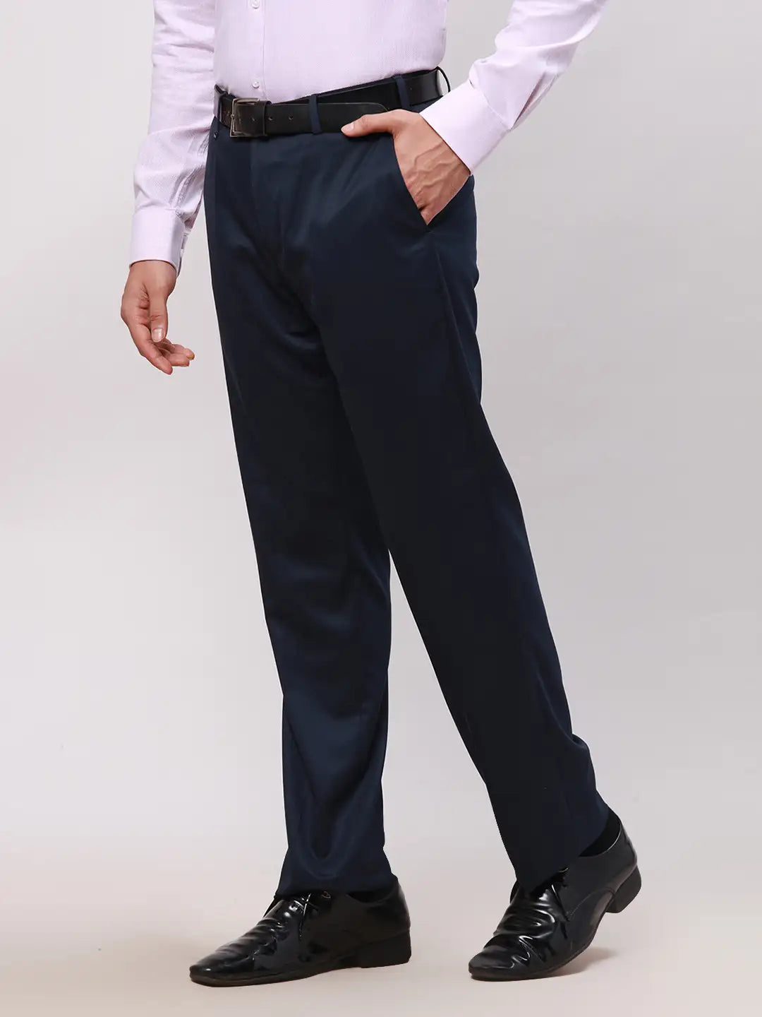 Men Blue Contemporary Fit Solid Polyester Blend Trouser