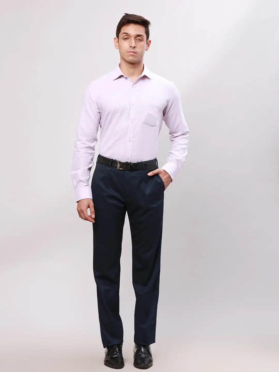 Men Blue Contemporary Fit Solid Polyester Blend Trouser