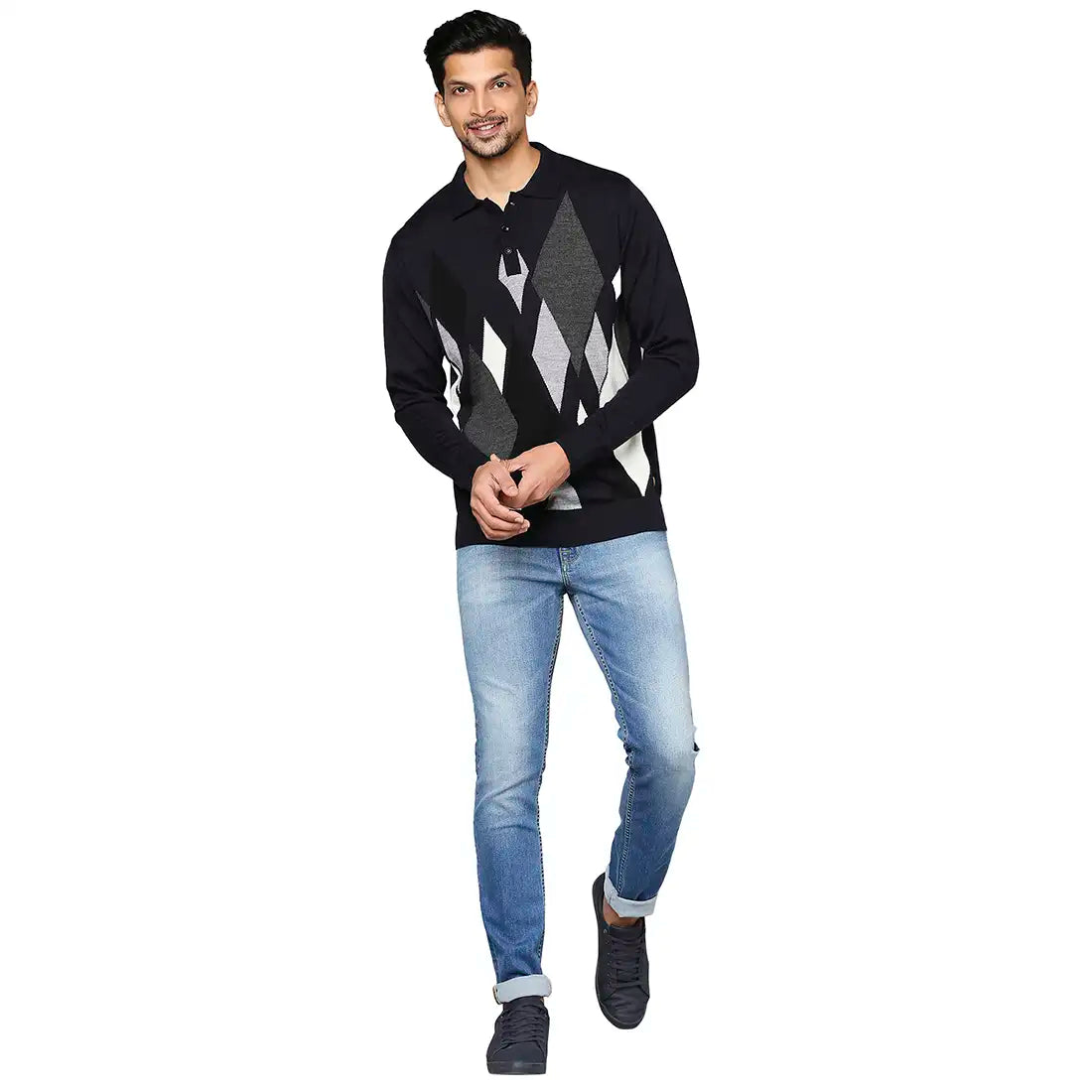 Men Regular Fit Blue Sweater