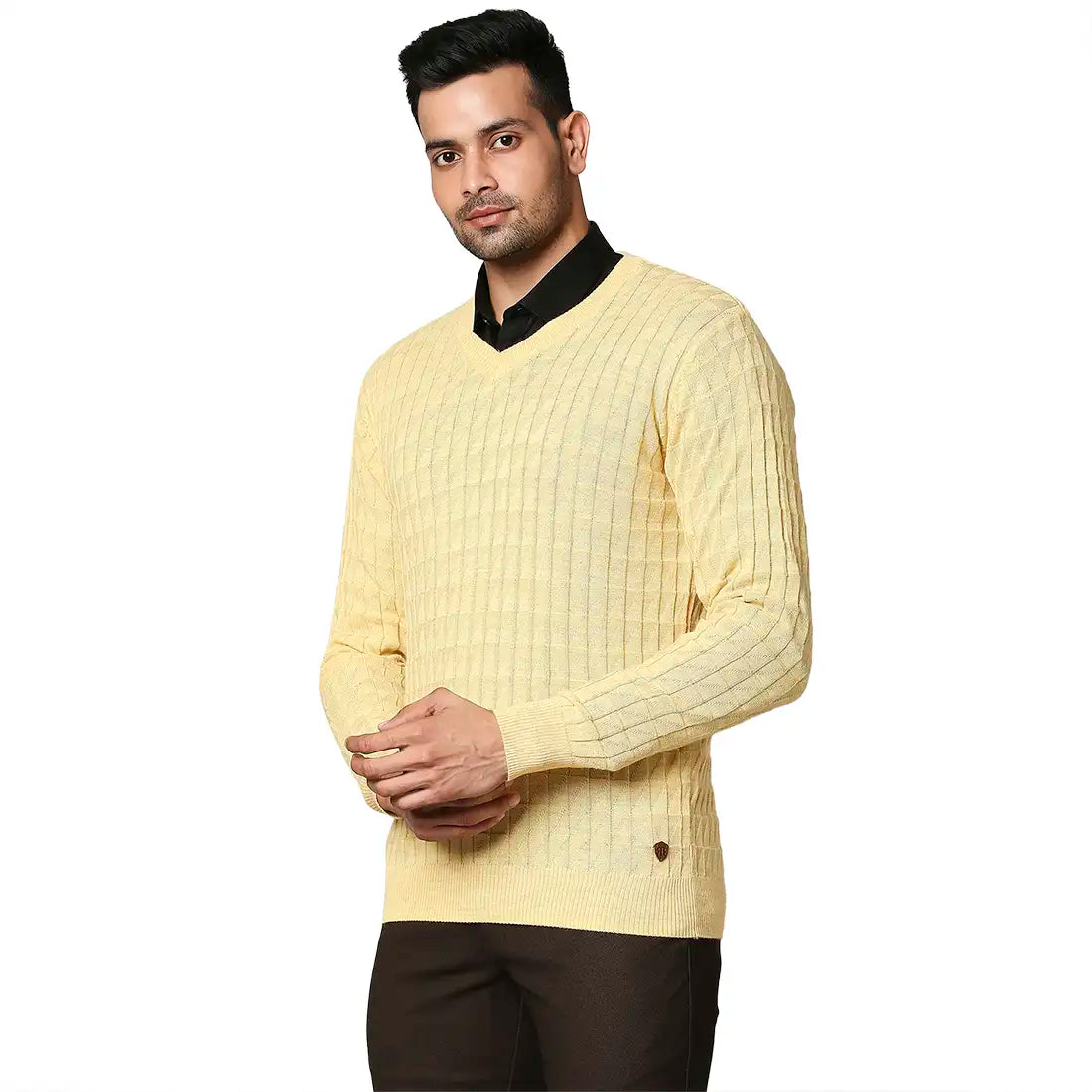 Men Yellow Wrapper Wool Blend Full Sleeve V Neck Collar Sweaters MyRaymond