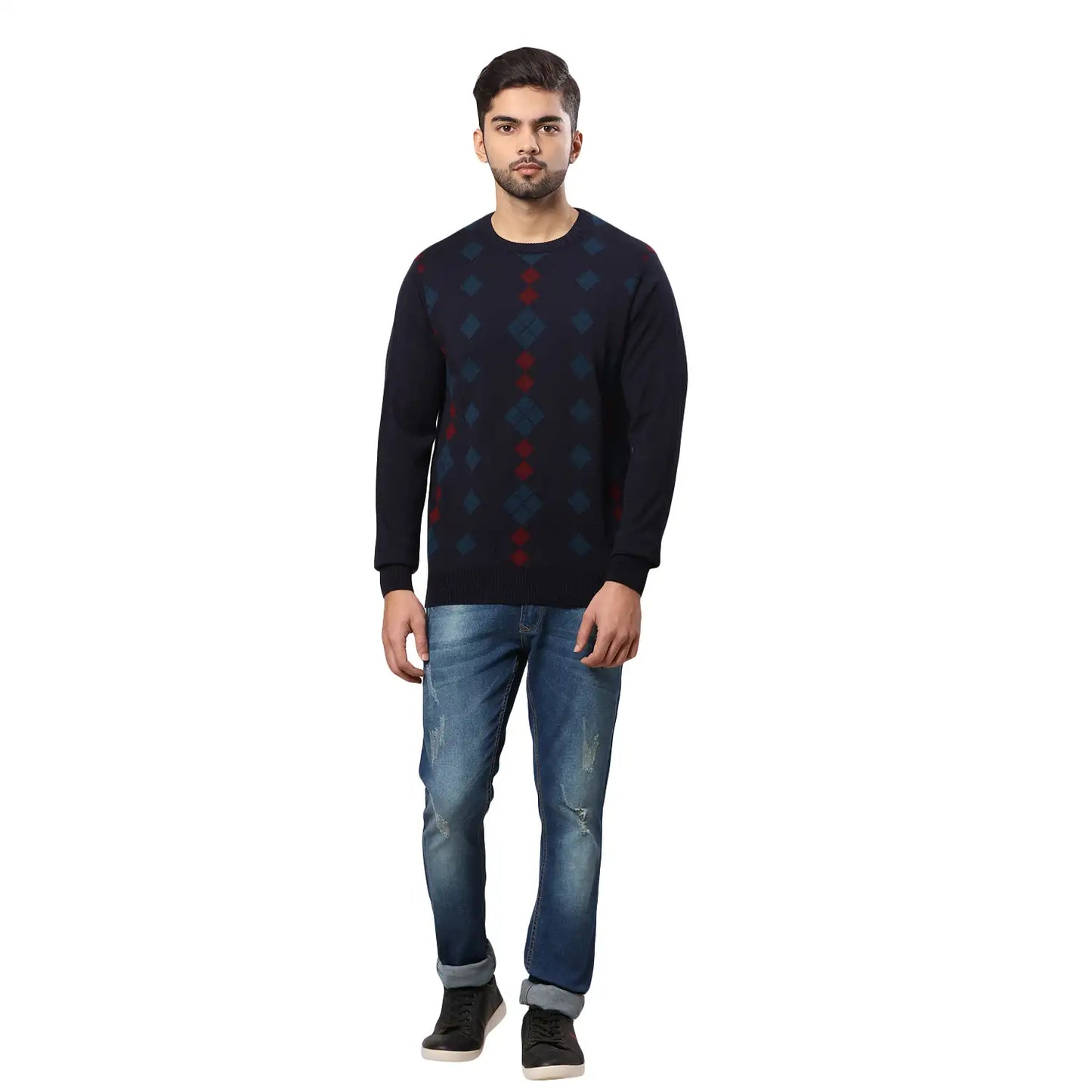 Men Regular Fit Blue Sweater