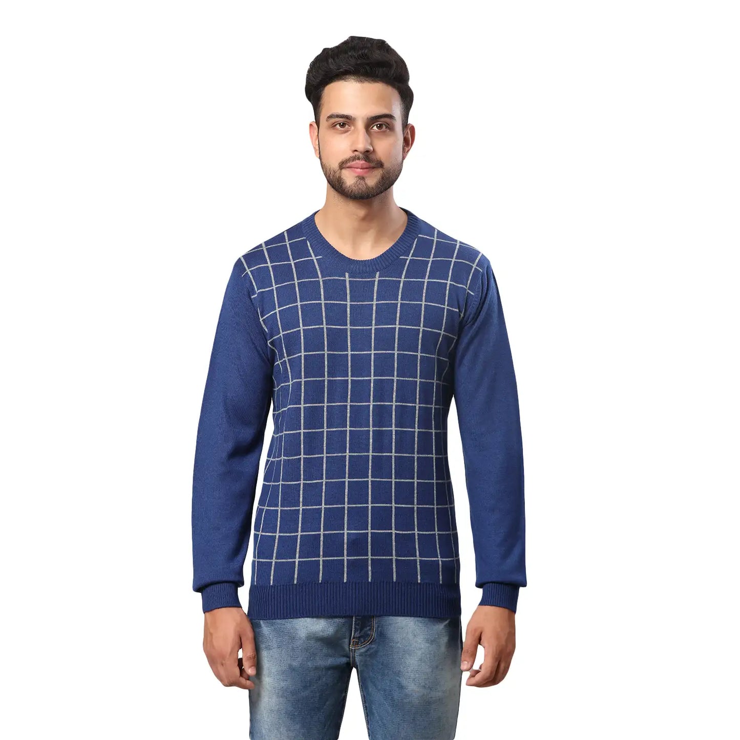 Men Regular Fit Blue Sweater