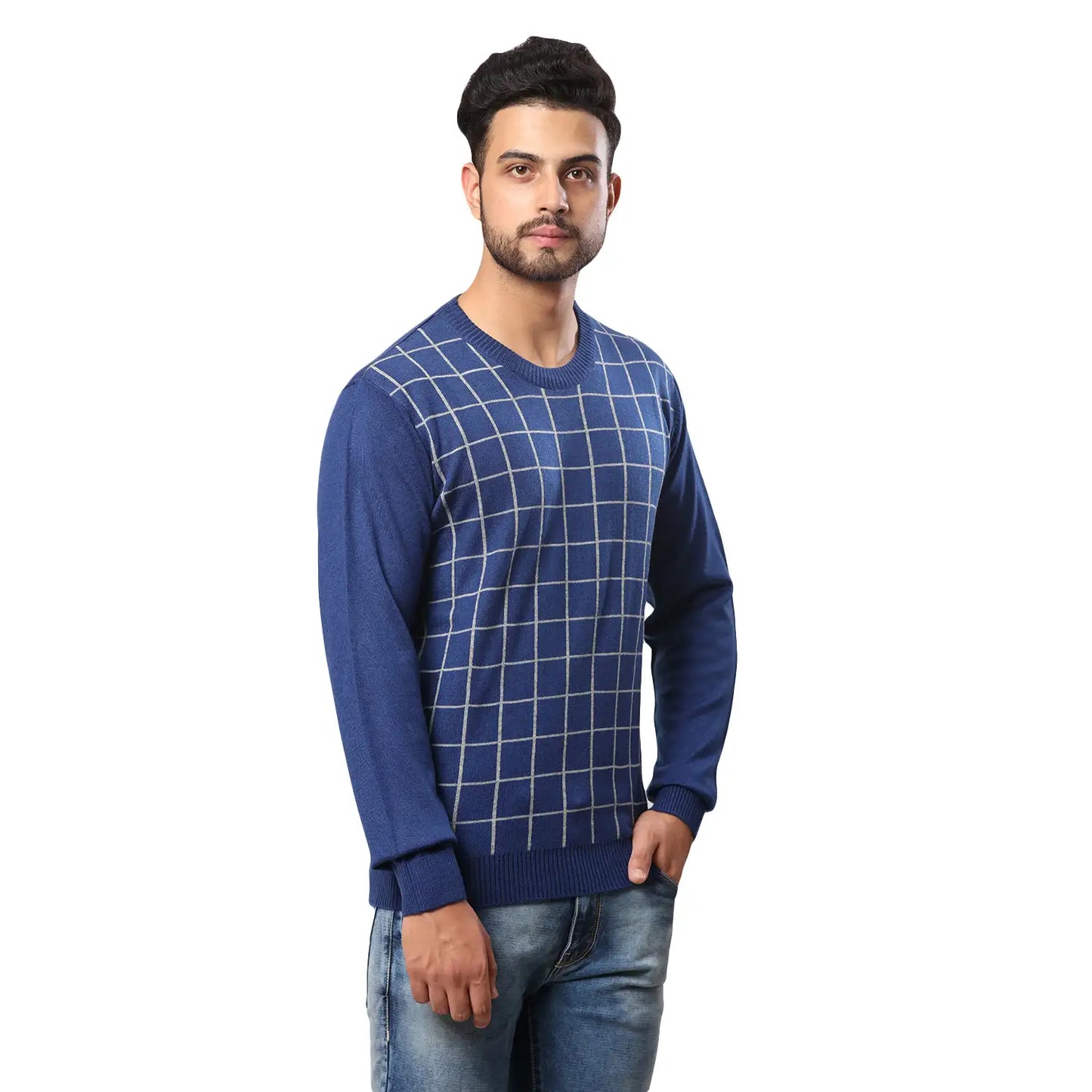 Men Regular Fit Blue Sweater