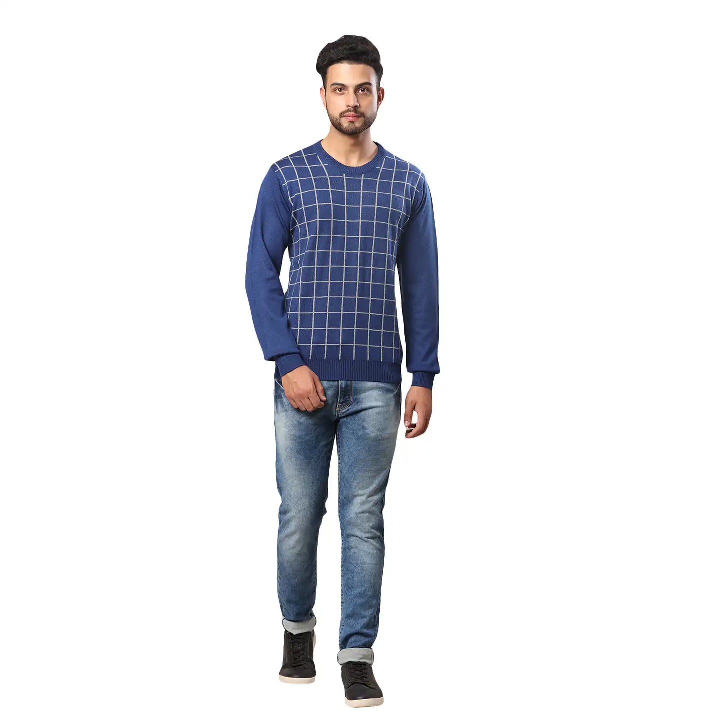 Men Regular Fit Blue Sweater