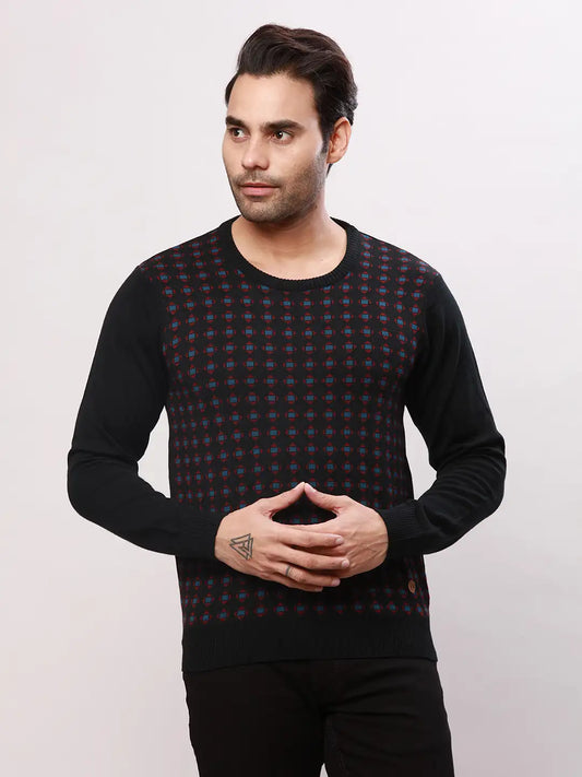 Raymond Men Black Stripe Acrlic Blend Round Neck Sweaters