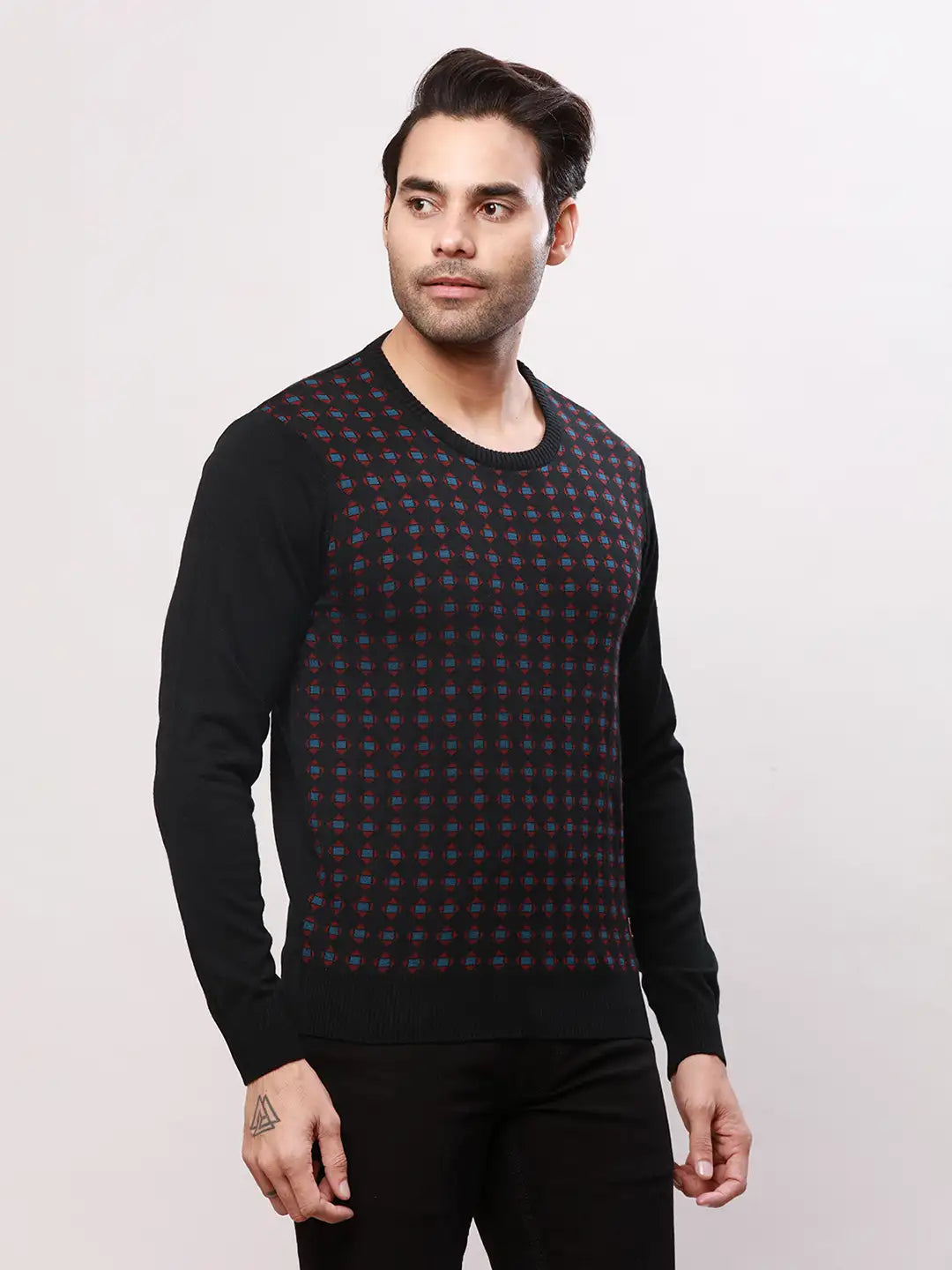 Raymond Men Black Stripe Acrlic Blend Round Neck Sweaters