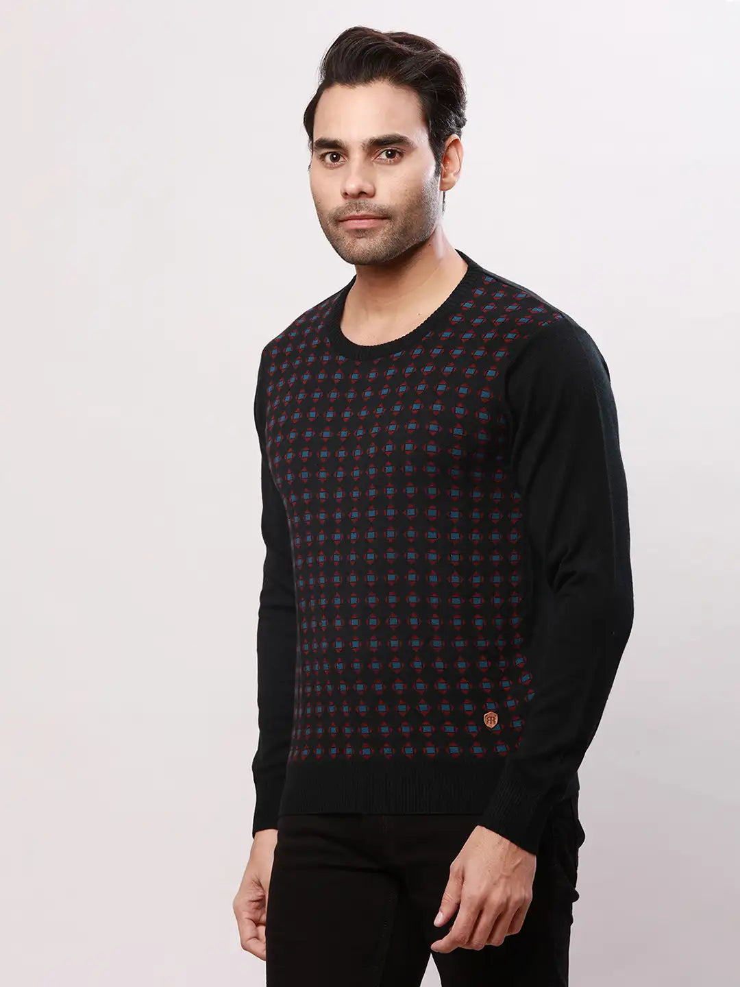 Raymond Men Black Stripe Acrlic Blend Round Neck Sweaters