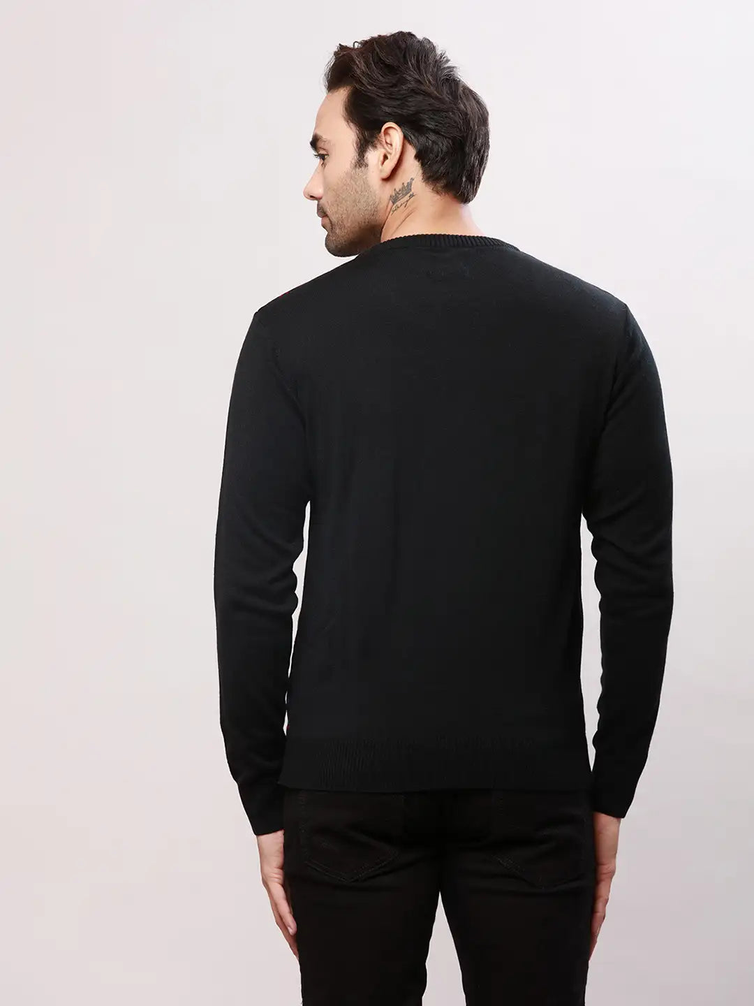 Raymond Men Black Stripe Acrlic Blend Round Neck Sweaters