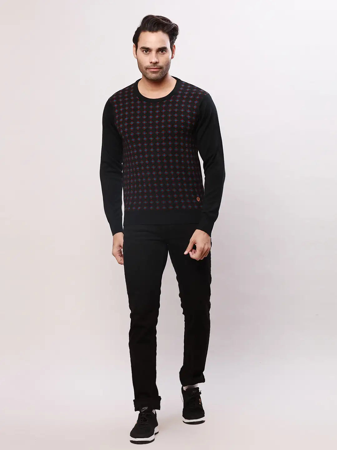 Raymond Men Black Stripe Acrlic Blend Round Neck Sweaters