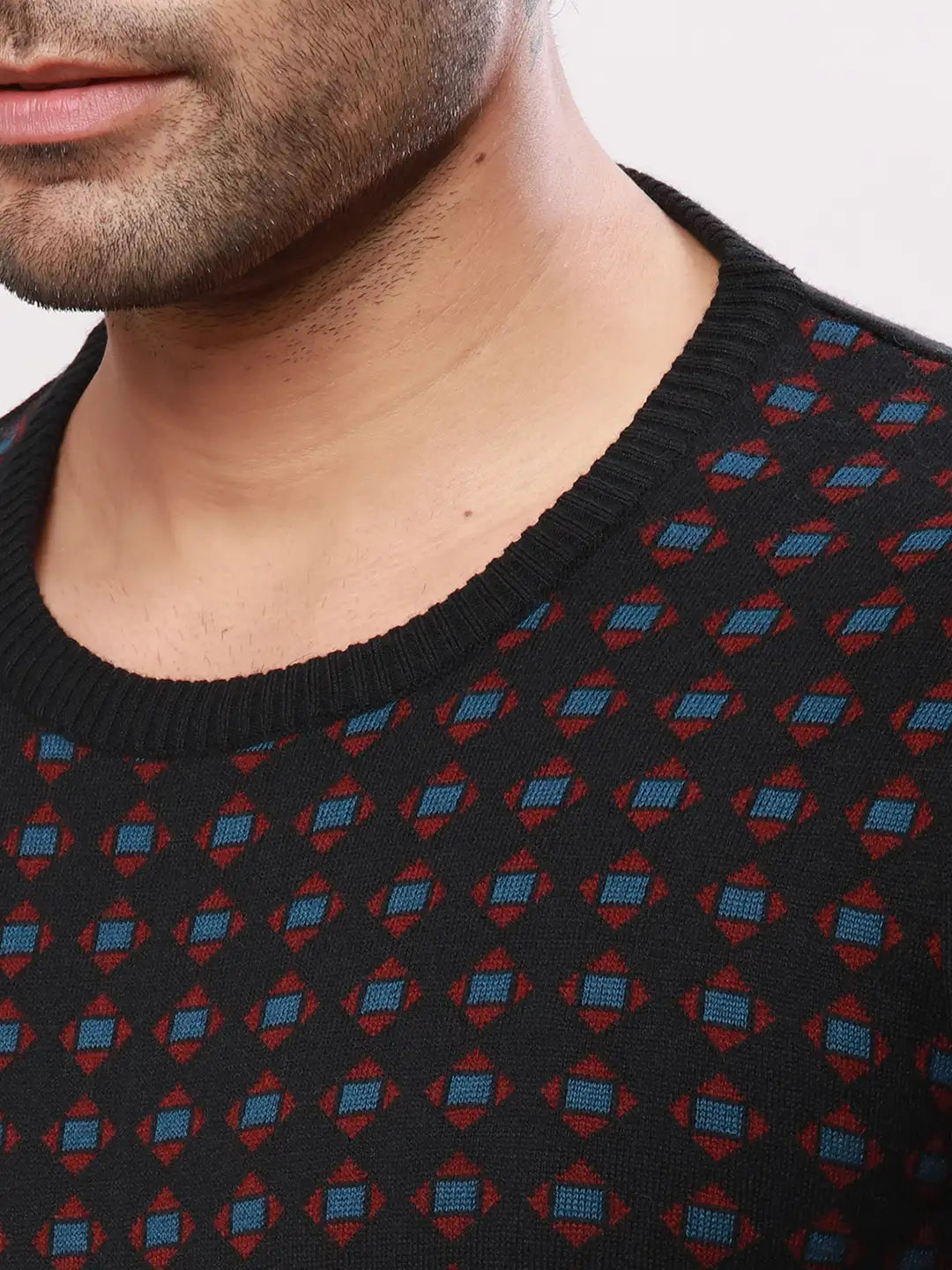Raymond Men Black Stripe Acrlic Blend Round Neck Sweaters