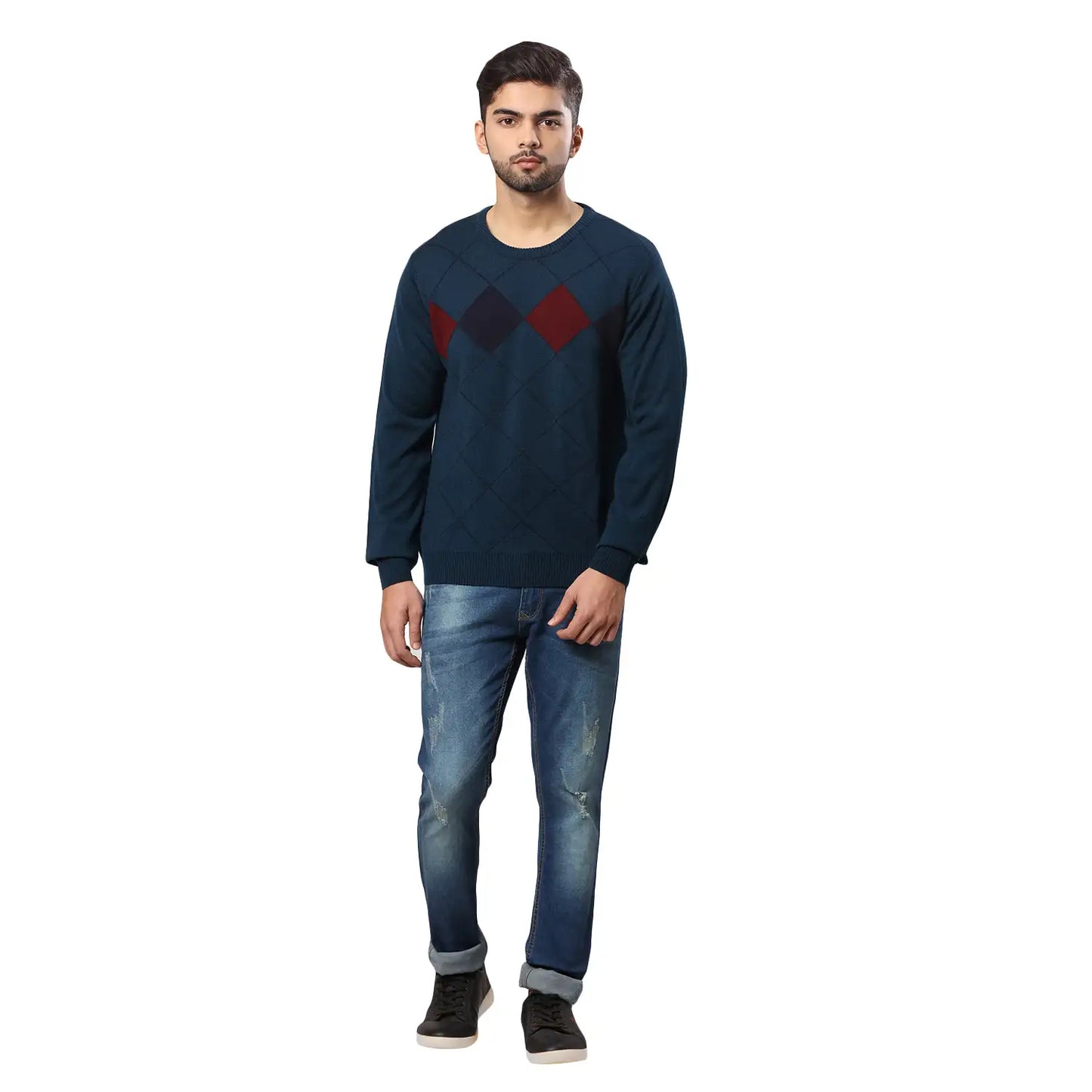 Men Regular Fit Blue Sweater