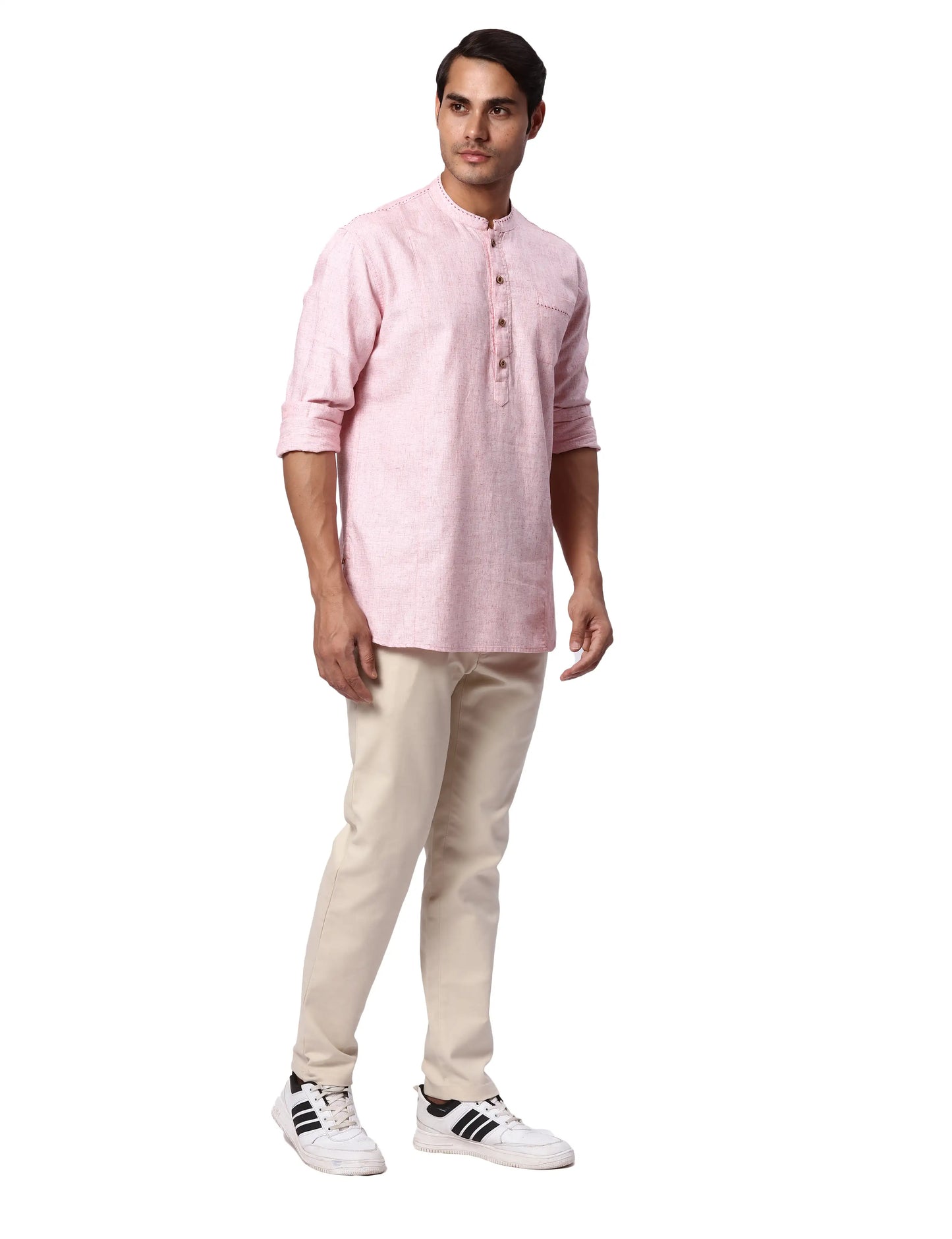 Ethnix by Raymond Men Beige Yarn Dyed Cotton Blend Short Kurta