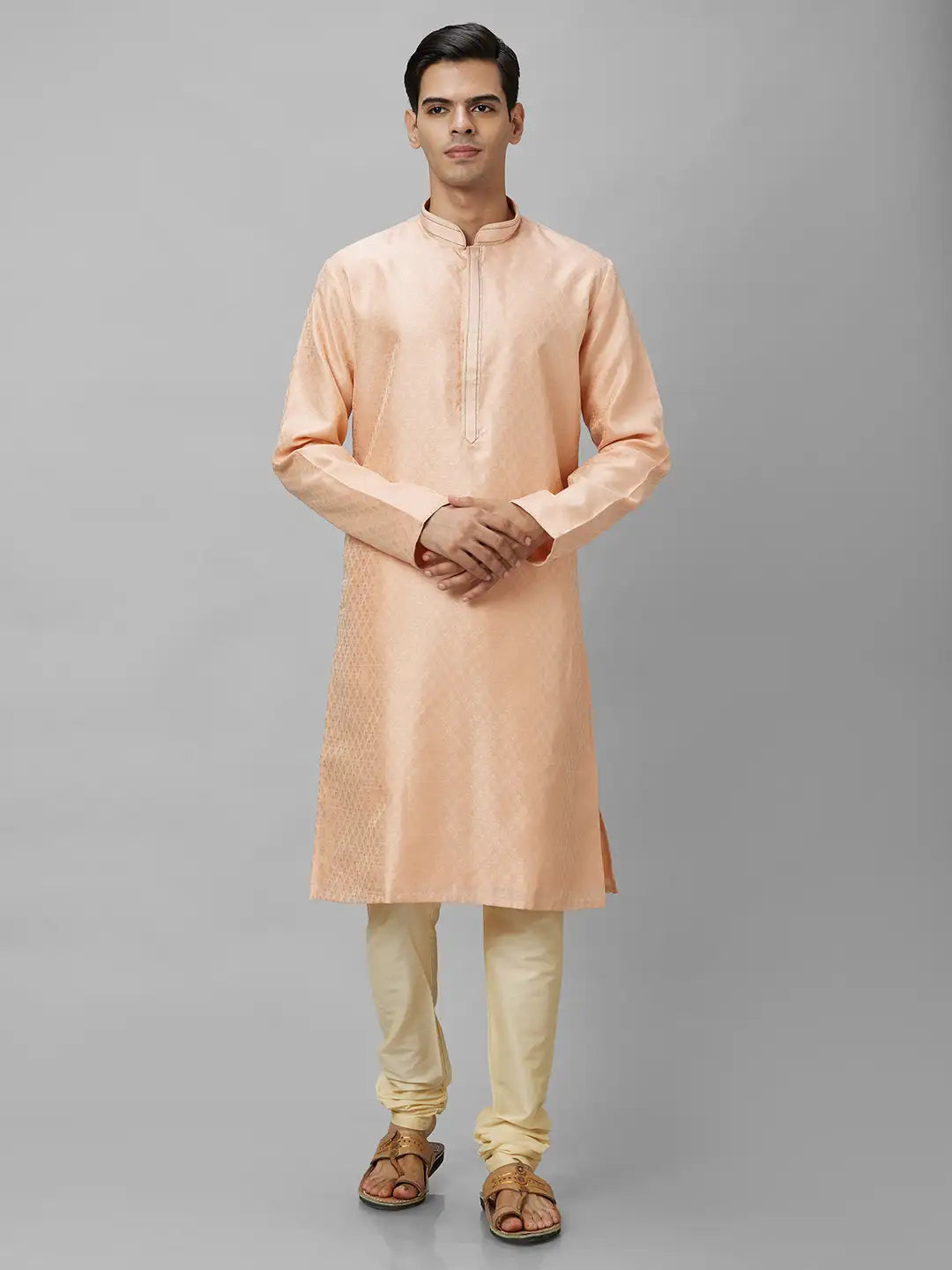 Men Yellow Jacquard Polyester Kurta