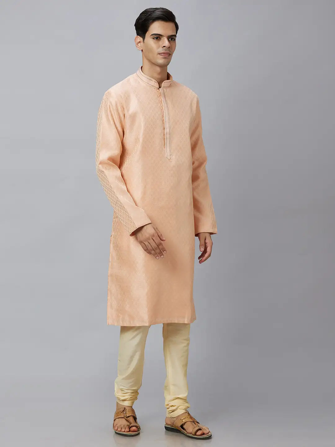 Men Yellow Jacquard Polyester Kurta