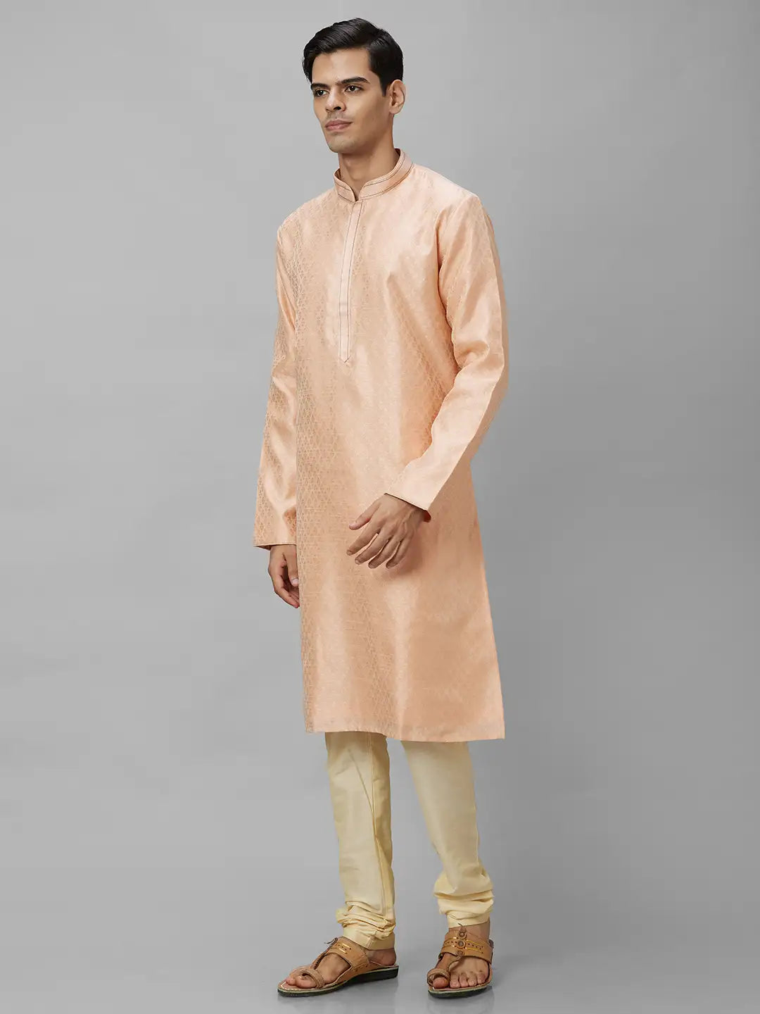 Men Yellow Jacquard Polyester Kurta