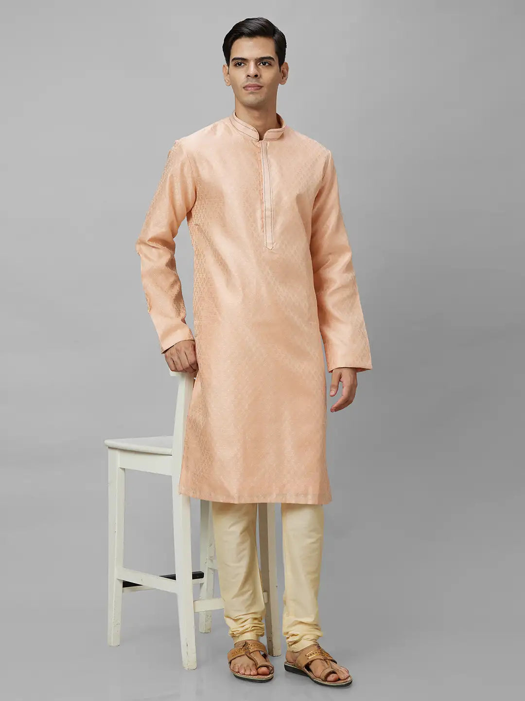 Men Yellow Jacquard Polyester Kurta