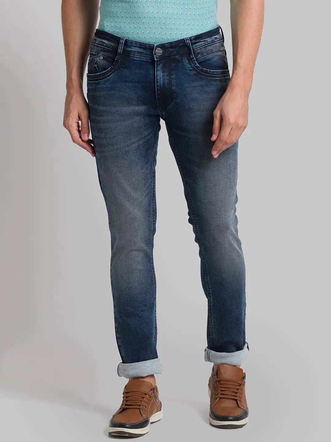 Men Blue Slim Tapered Fit Plain Cotton Blend Jeans