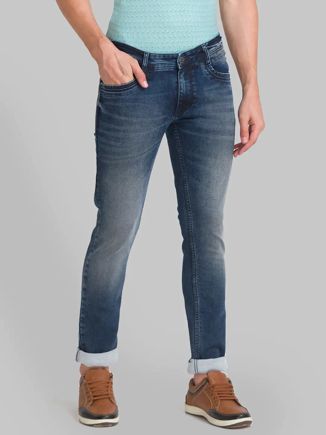 Men Blue Slim Tapered Fit Plain Cotton Blend Jeans