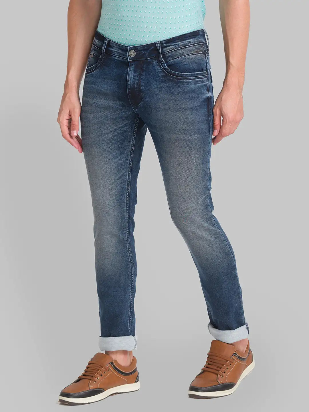 Men Blue Slim Tapered Fit Plain Cotton Blend Jeans