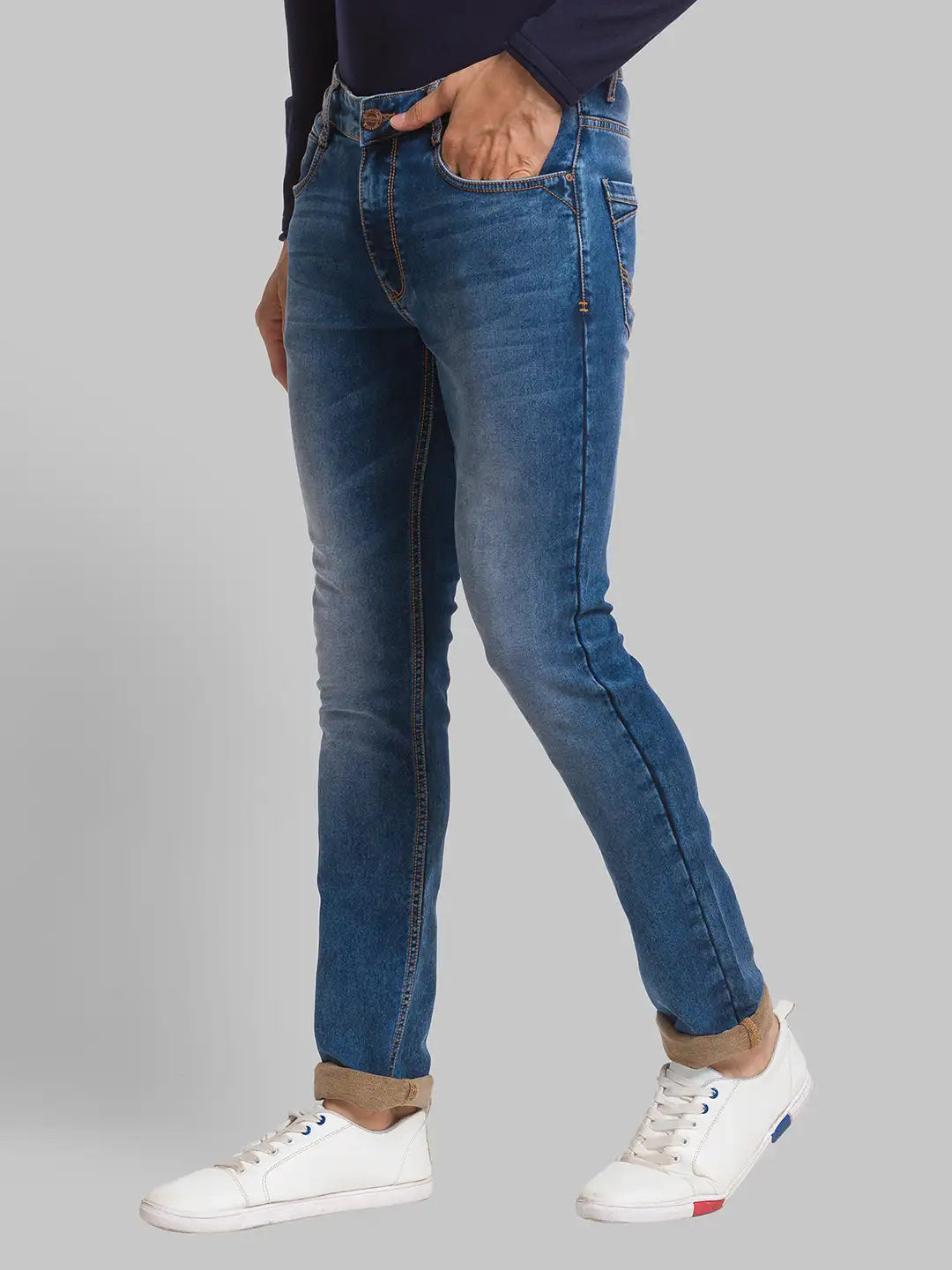 Parx Men Blue Plain Slim Tapered Fit Cotton Blend Jeans