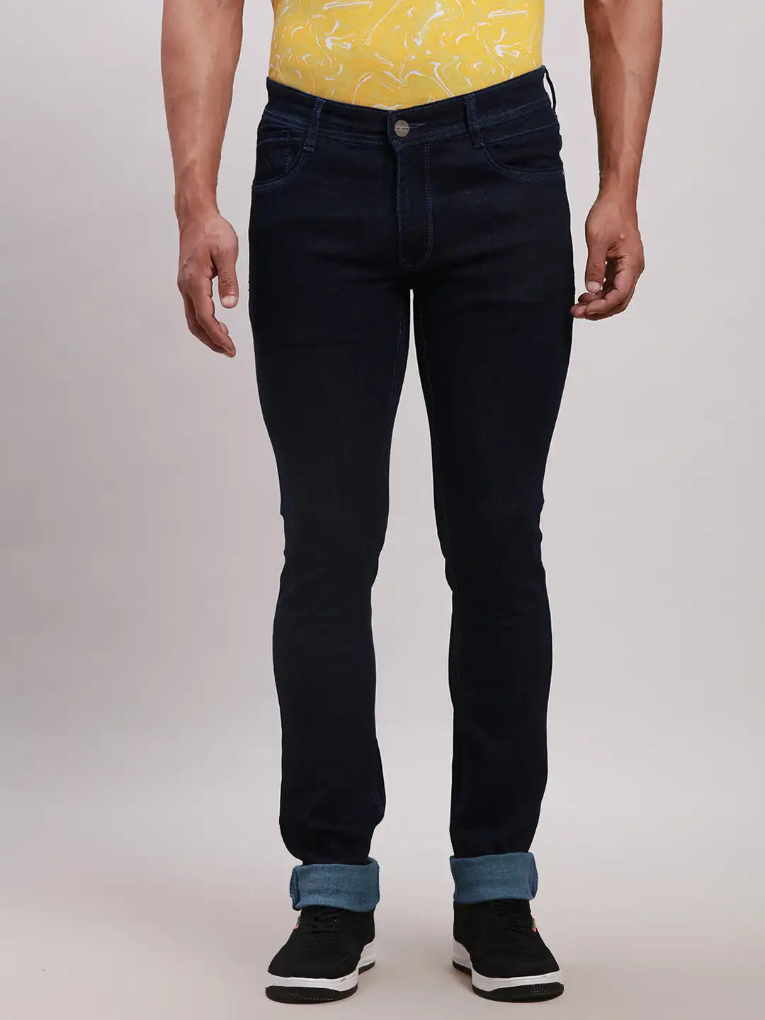 Men Blue Slim Tapered Fit Jacquard Cotton Blend Jeans