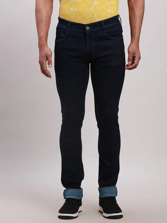 Men Blue Slim Tapered Fit Jacquard Cotton Blend Jeans