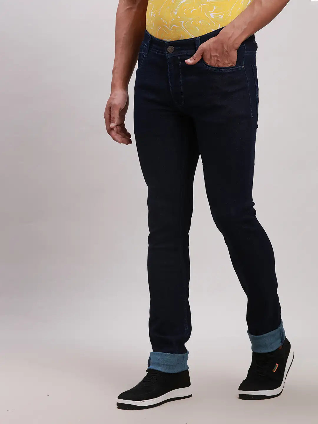 Men Blue Slim Tapered Fit Jacquard Cotton Blend Jeans