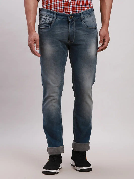 Men Blue Slim Tapered Fit Plain Cotton Blend Jeans