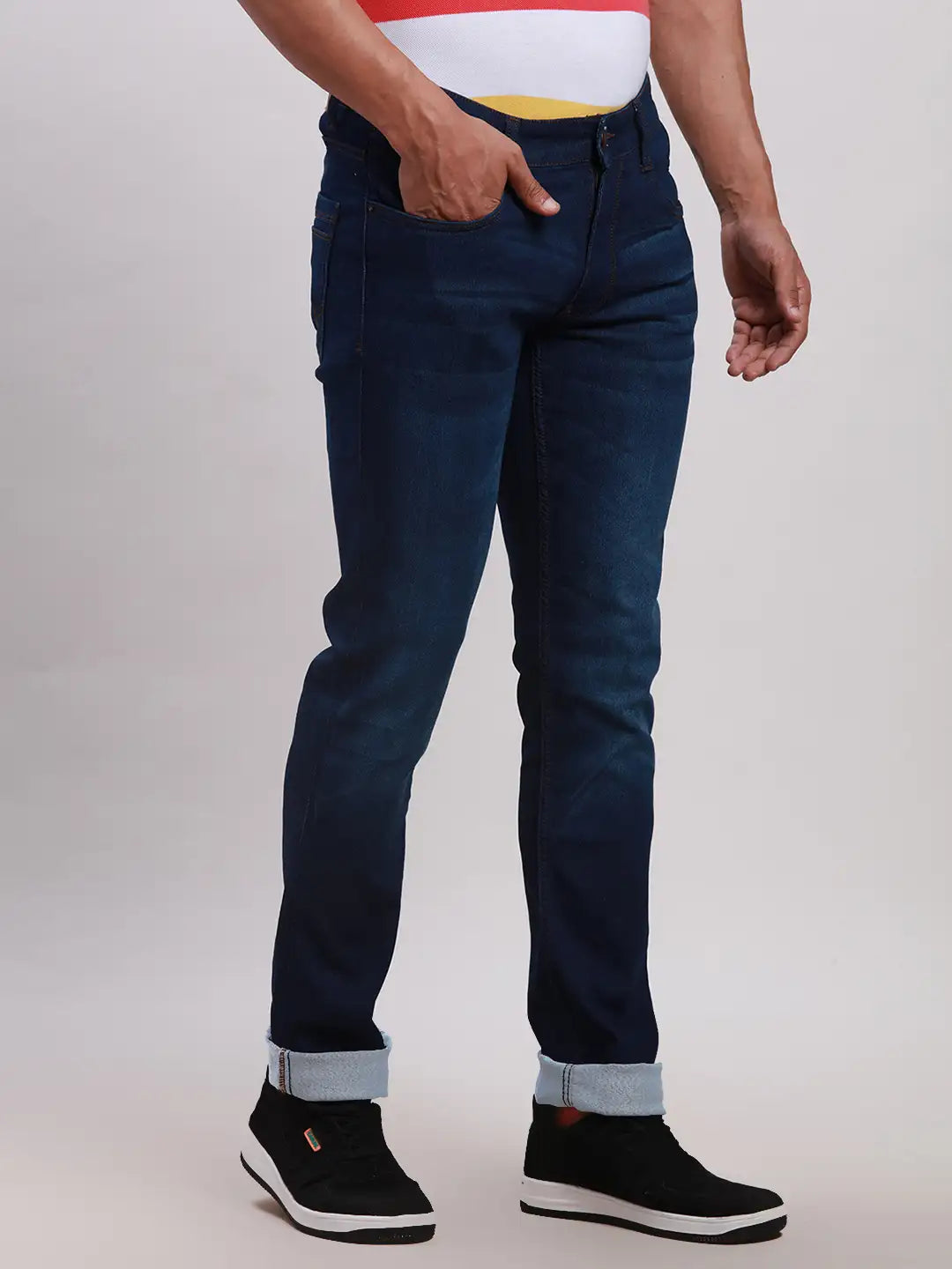 Parx Men Blue Plain Slim Tapered Fit Cotton Blend Jeans