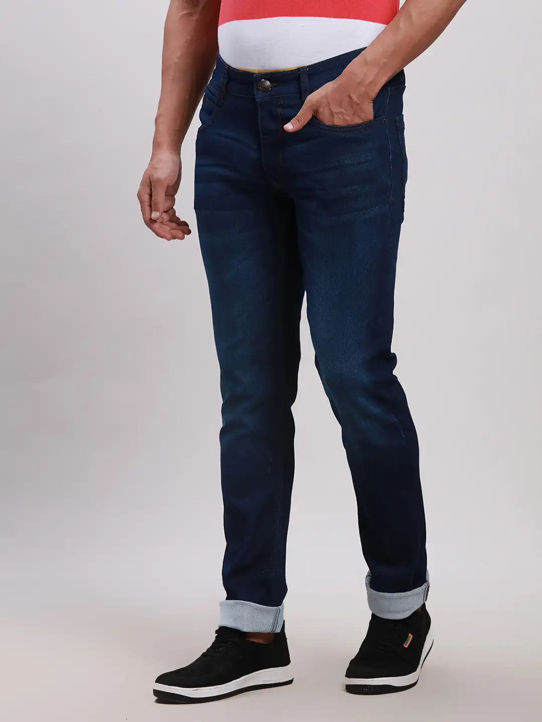 Parx Men Blue Plain Slim Tapered Fit Cotton Blend Jeans