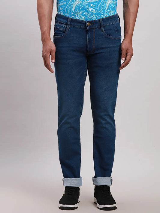 Men Blue Slim Tapered Fit Plain Cotton Blend Jeans