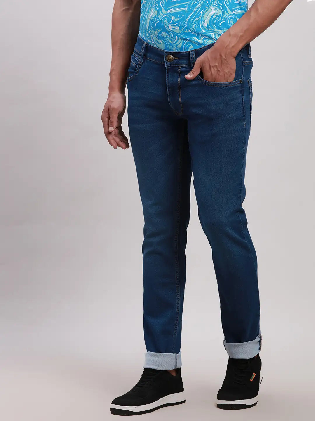Men Blue Slim Tapered Fit Plain Cotton Blend Jeans