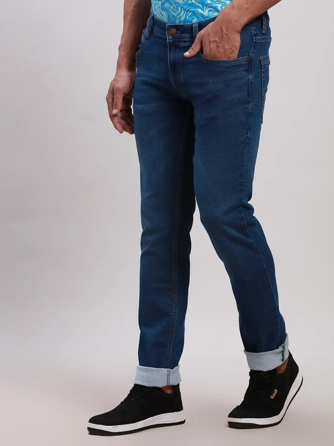 Men Blue Slim Tapered Fit Plain Cotton Blend Jeans