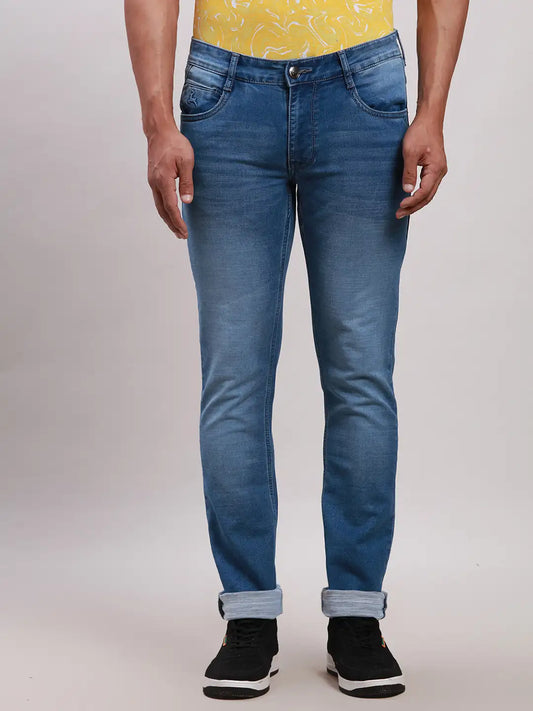 Men Blue Slim Tapered Fit Plain Cotton Blend Jeans