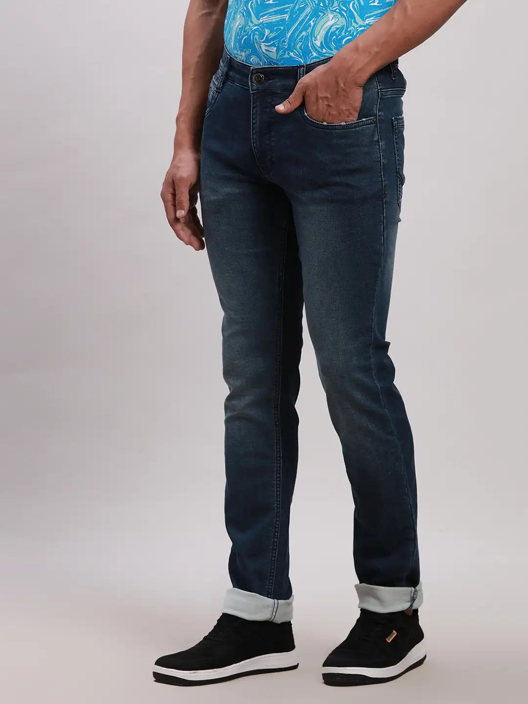 Parx Men Blue Plain Skinny Fit Cotton Blend Jeans