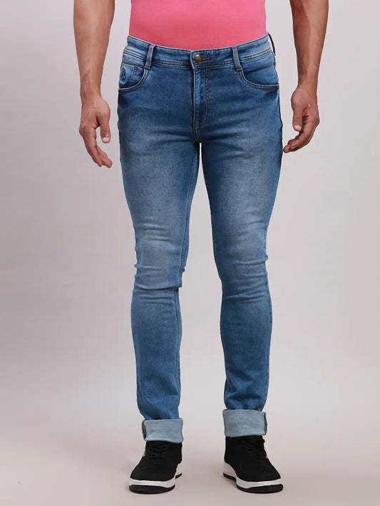 Men Blue Slim Tapered Fit Plain Cotton Blend Jeans