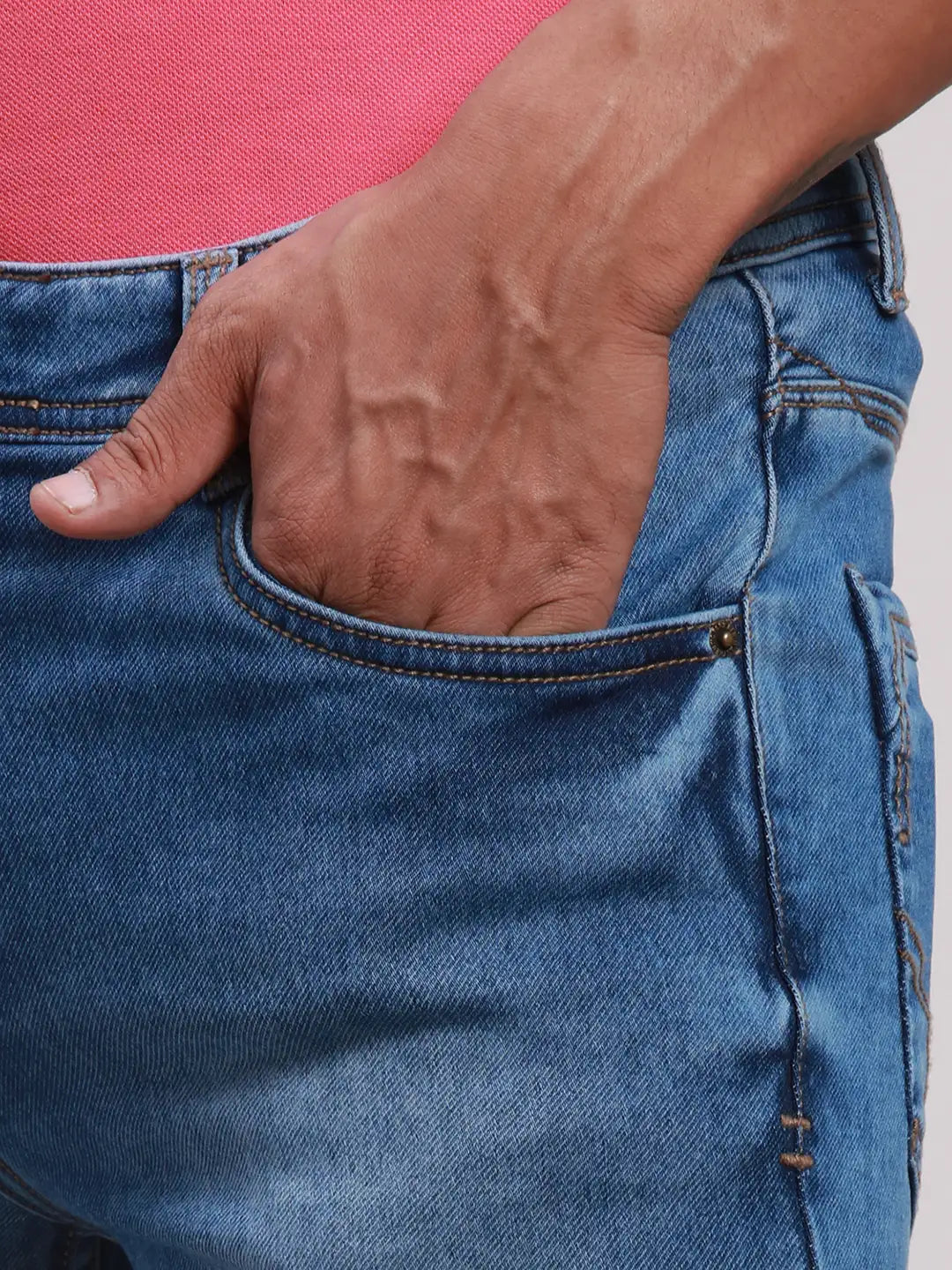 Men Blue Slim Tapered Fit Plain Cotton Blend Jeans