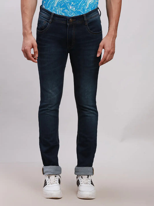 Parx Men Blue Plain Slim Tapered Fit Cotton Blend Jeans