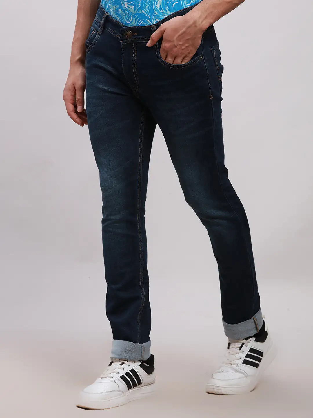 Parx Men Blue Plain Slim Tapered Fit Cotton Blend Jeans