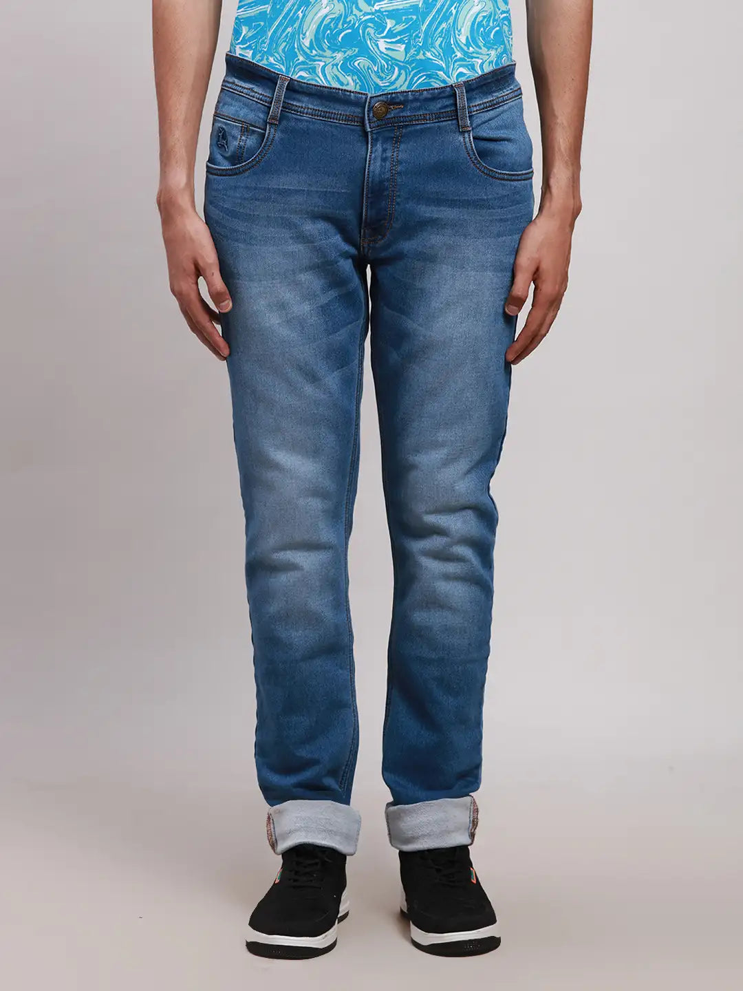 Men Blue Slim Tapered Fit Plain Cotton Blend Jeans